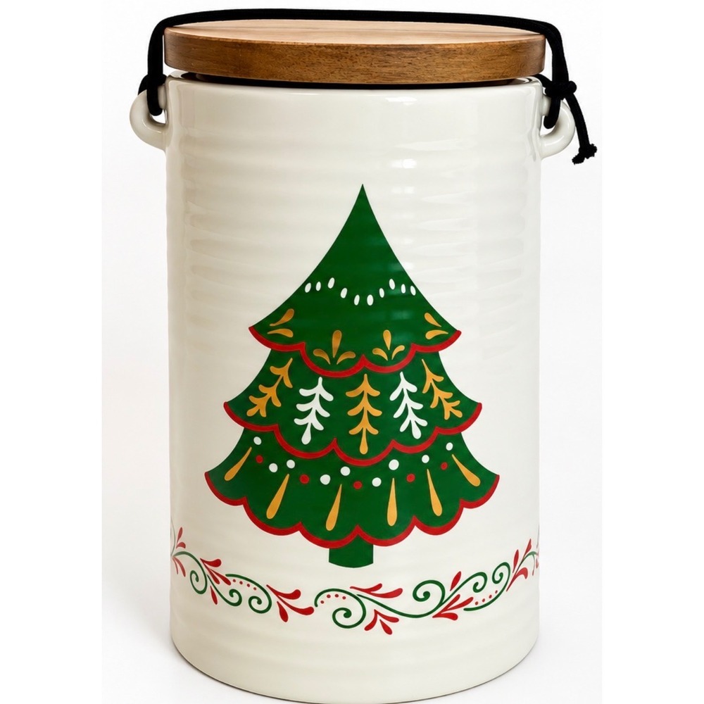 Cypress Home Christmas Tree Ceramic Canister with Wood Lid 8.5" Holiday Storage